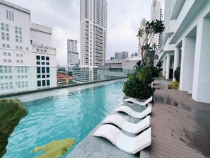 A rooftop pool with a clear view of surrounding high-rise buildings.