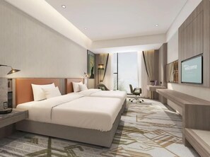 A modern hotel room with two beds, a desk, a chair, and a large window. - Argyle Grand Hotel (Syokimau)