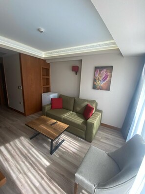 A living room with a sofa, a coffee table, and a chair. There is a painting on the wall and a ceiling light.