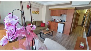 A modern living room with a sofa, a coffee table, and a kitchen area with cabinets and appliances.