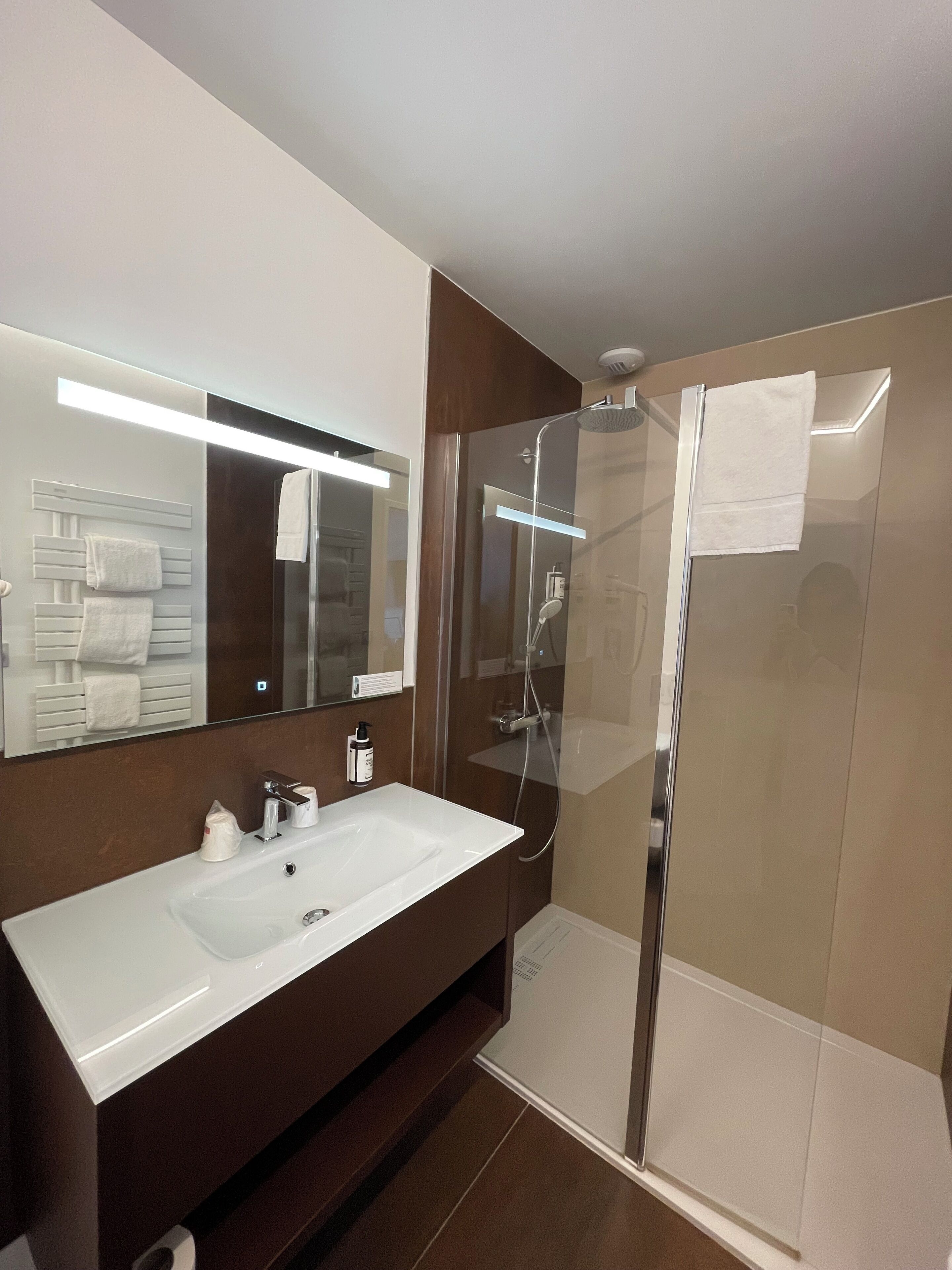 A modern bathroom with a large white sink, a glass-enclosed shower, and a mirror above the sink.