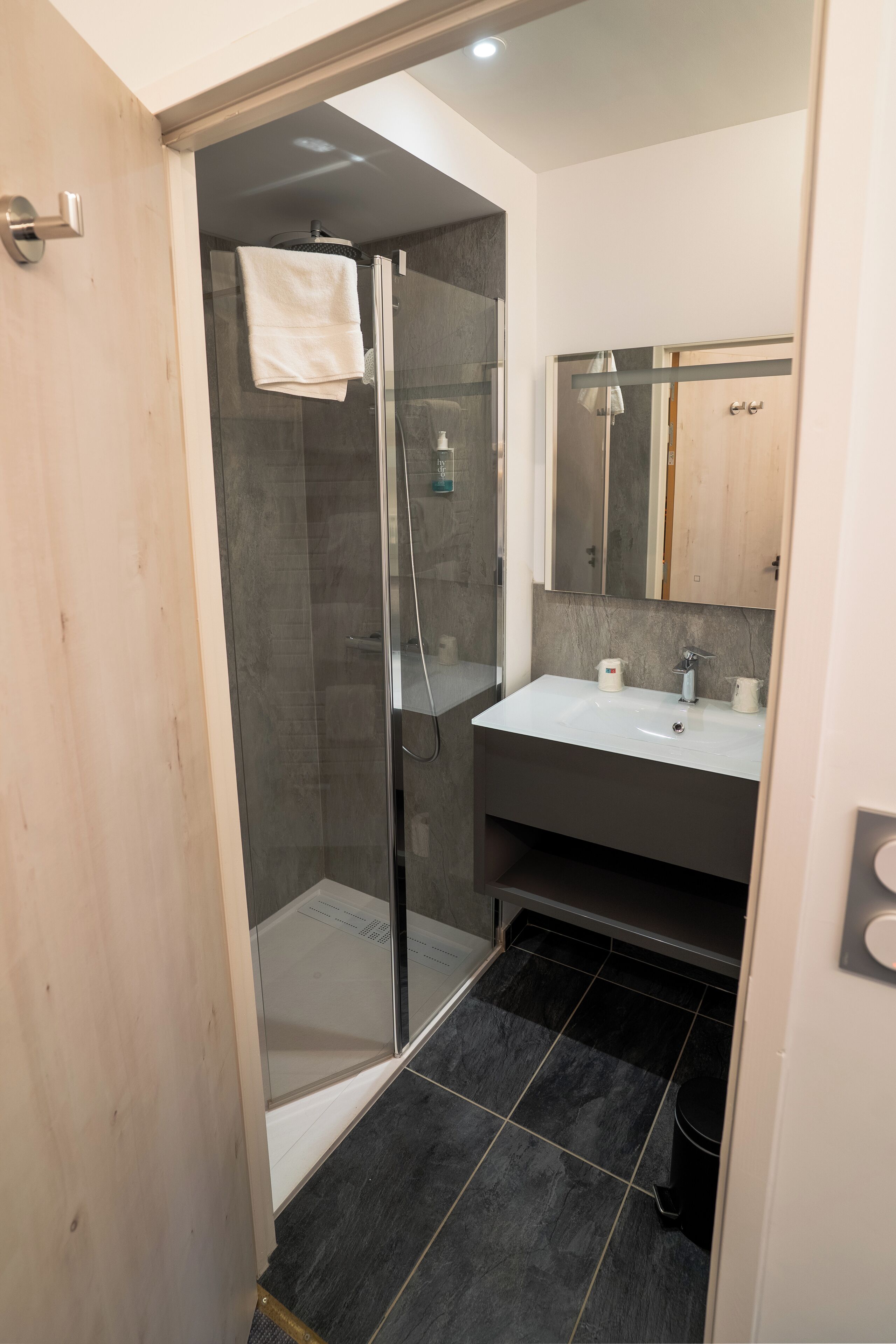 A modern bathroom with a glass-enclosed shower, a white sink, and a large mirror.