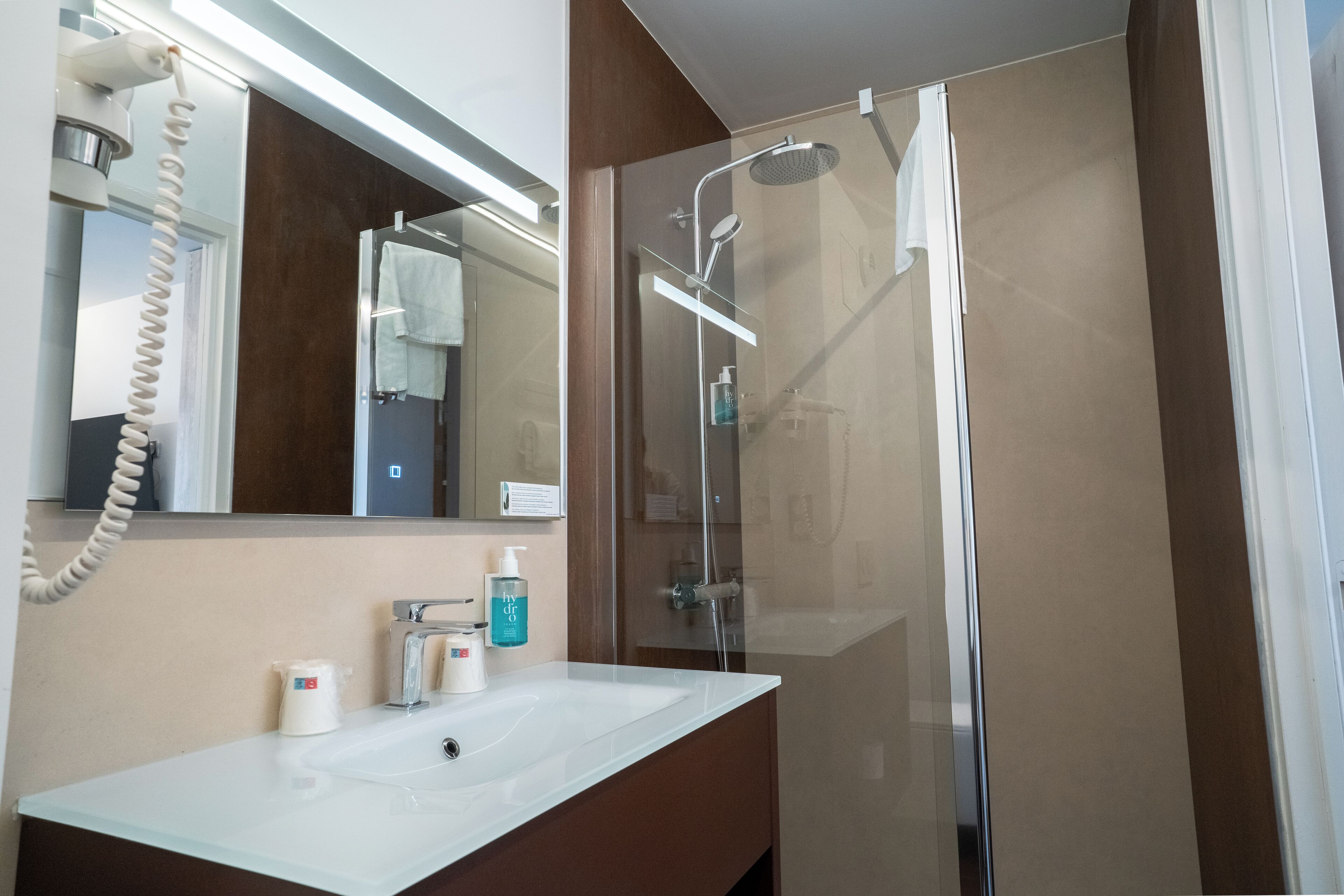 A modern bathroom with a glass-enclosed shower, a white sink, a mirror, and a hairdryer.