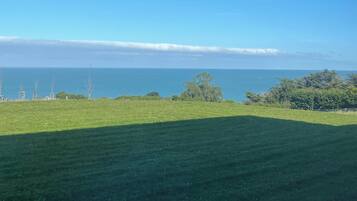 A grassy field with a clear view of the ocean and a distant horizon.
