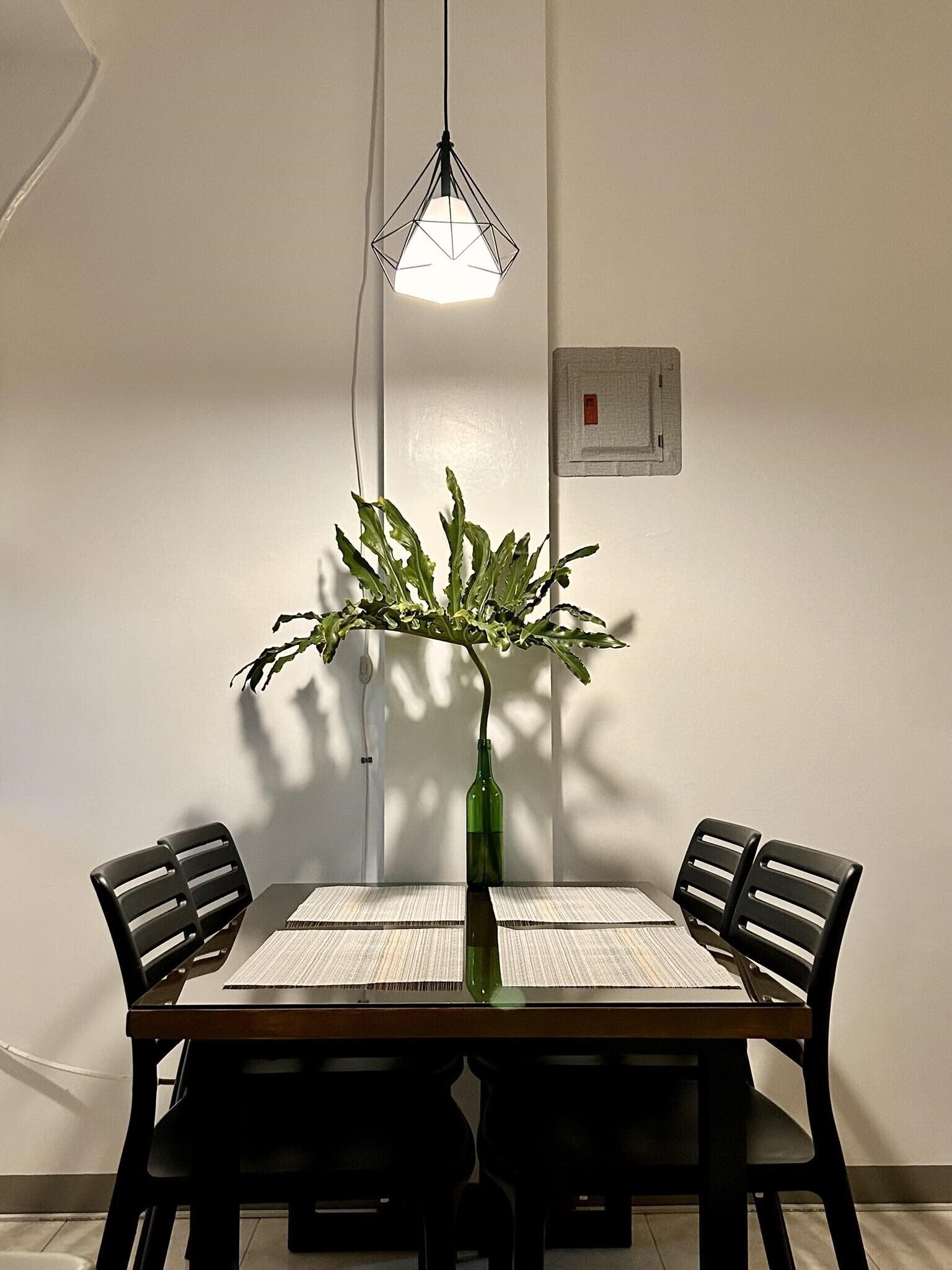 A dining table with four chairs, a green vase with a plant, and a pendant light.