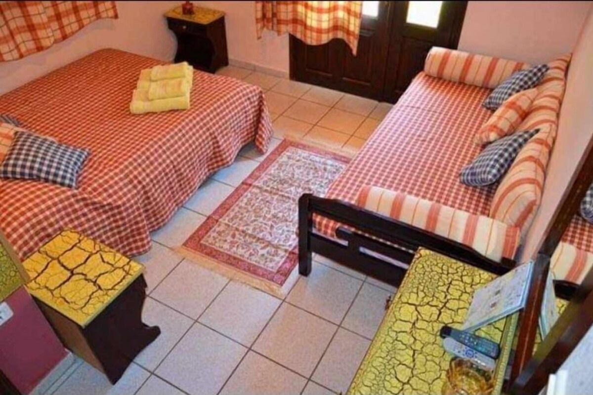 A room with two beds, each with checkered bedding and pillows, a small rug, and a yellow table with a remote control.