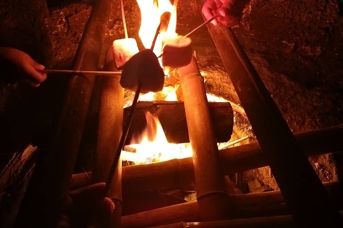 A person roasting marshmallows over a campfire in a rustic setting.