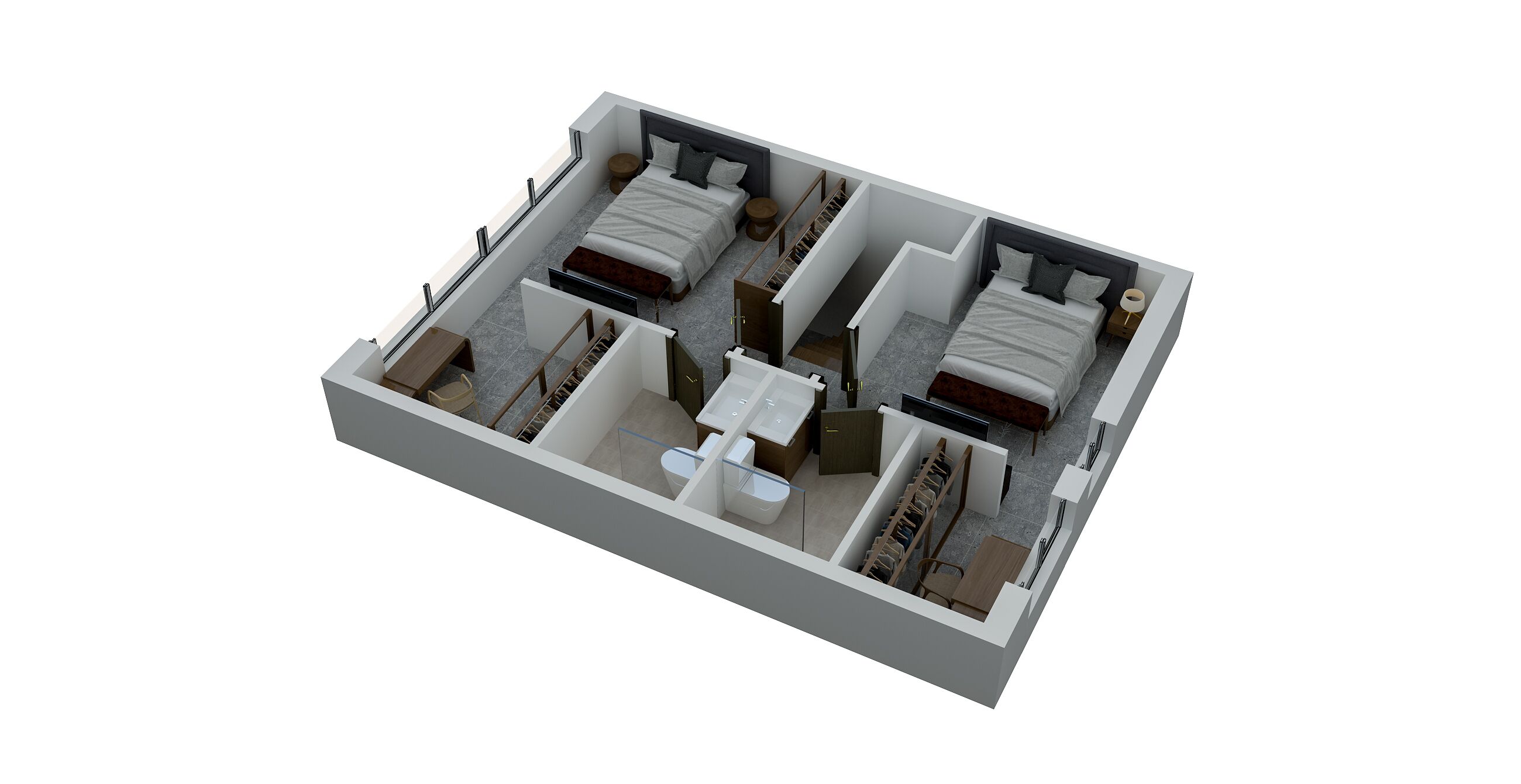 Un modèle 3D d’une chambre d’hôtel comprenant deux lits, un bureau, une chaise, une armoire et une salle de bain.
