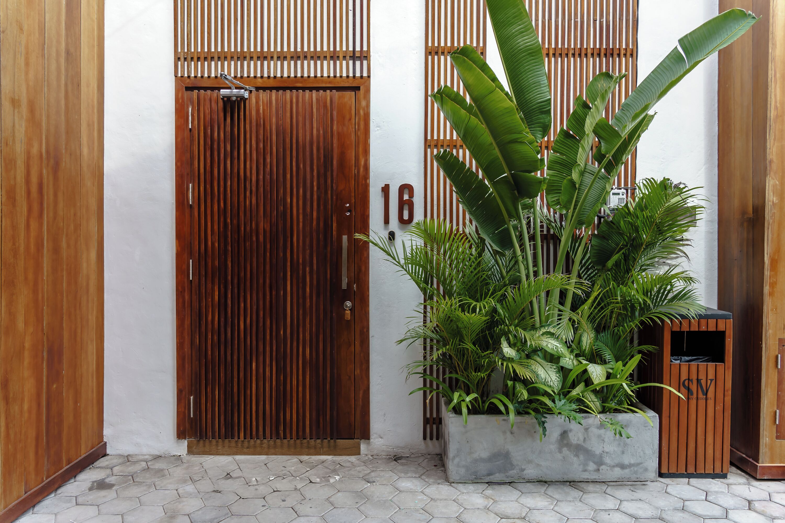Una puerta de madera con el número 16 en la pared a su lado, una jardinera de concreto con plantas verdes y un pequeño mueble de madera.