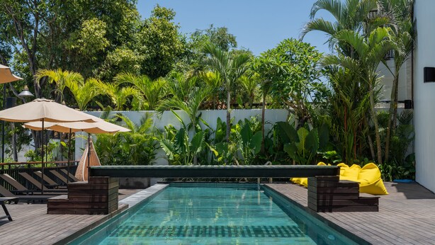 A swimming pool with wooden deck seating and umbrellas, surrounded by lush tropical plants. - Sunny Cuddles (Canggu)