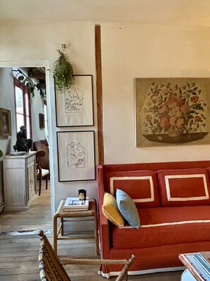 Fireplace, books, stereo, printers