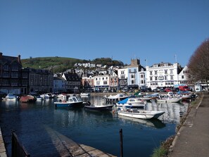 A harbor with boats docked, a Royal Hotel, and traditional buildings.
