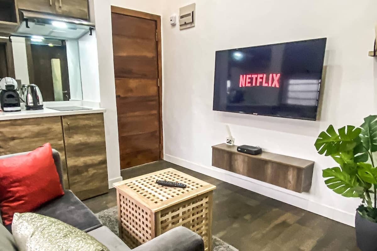 A living room with a sofa, a coffee table, a TV mounted on the wall, and a potted plant.