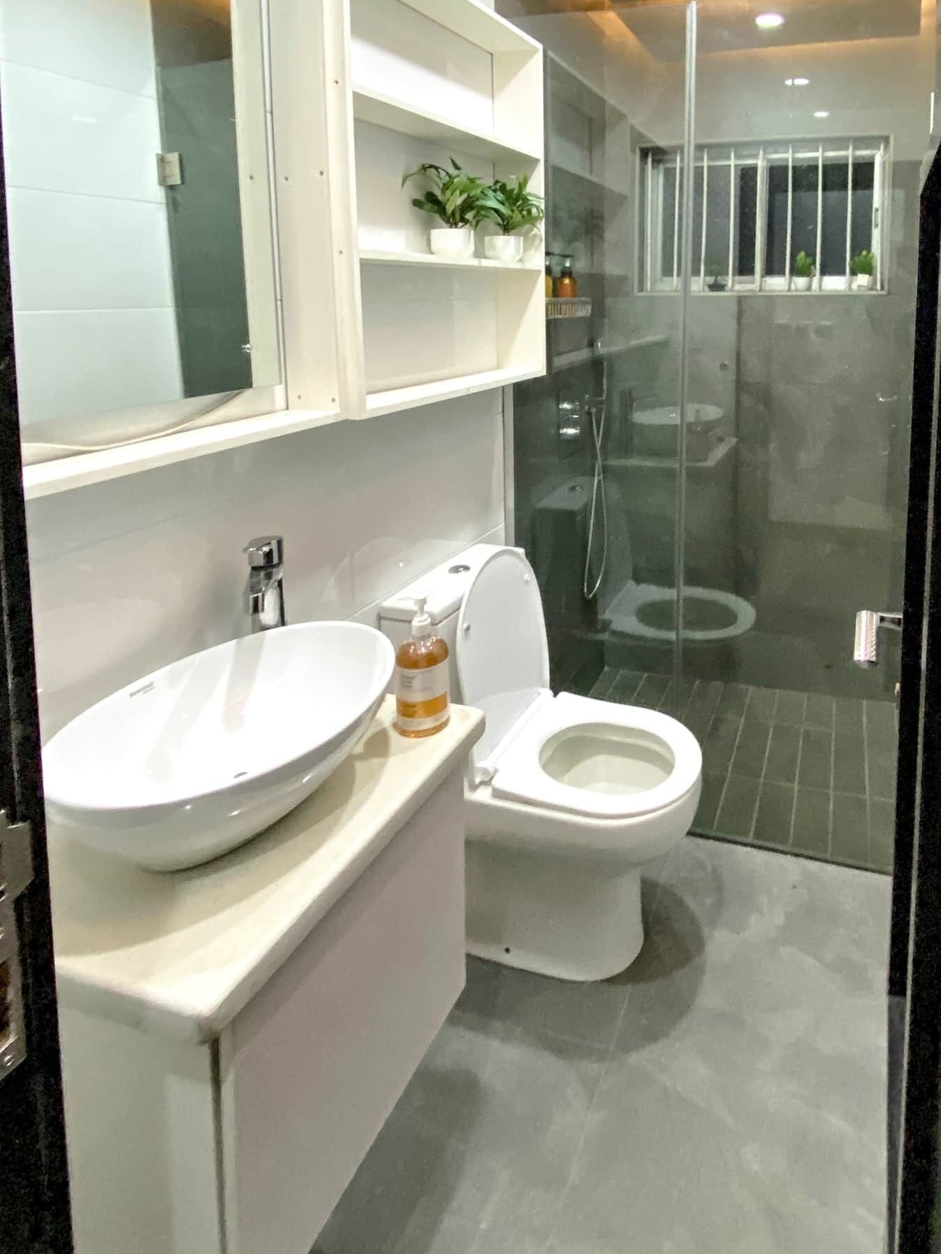A modern bathroom with a large white sink, a toilet, and a glass-enclosed shower area.