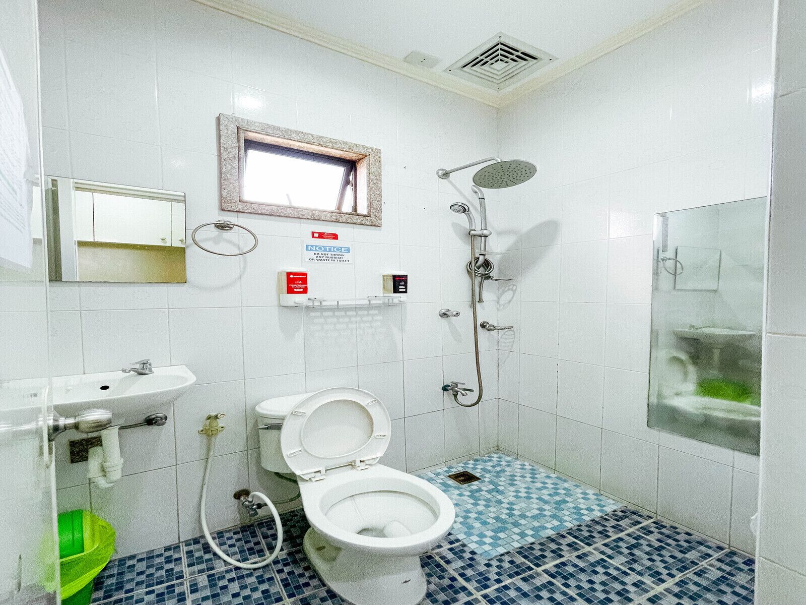 Un baño con inodoro, lavabo y ducha.