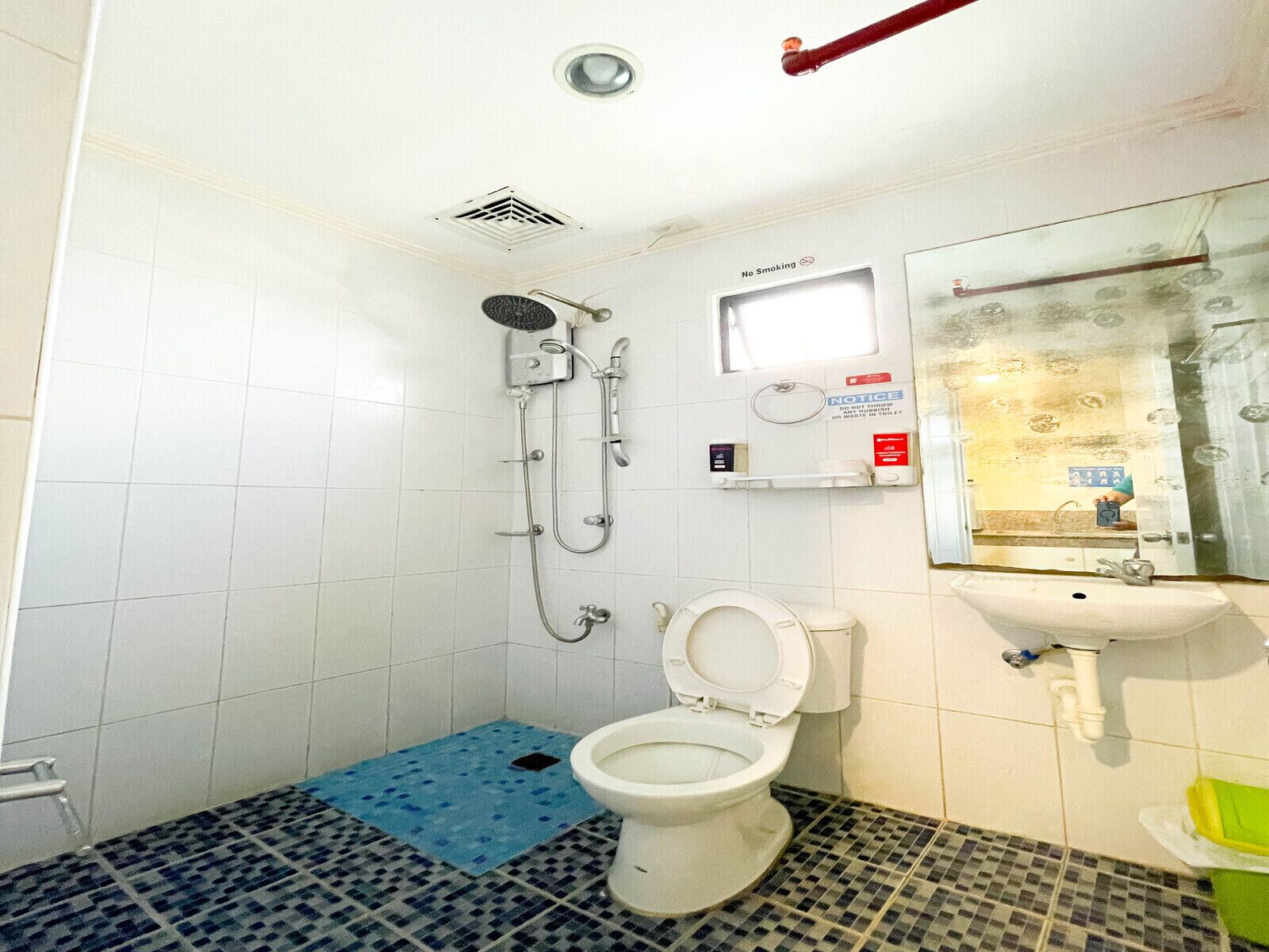 A bathroom with a shower, toilet, sink, and a mirror.
