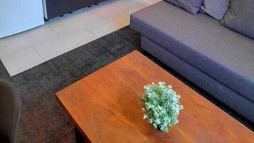 Una cocina moderna con armarios oscuros, un refrigerador blanco y un lavamanos. Hay un sofá gris y una mesa de centro de madera con una planta.