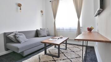 A modern living room with a grey sofa, a wooden coffee table, and a patterned rug.