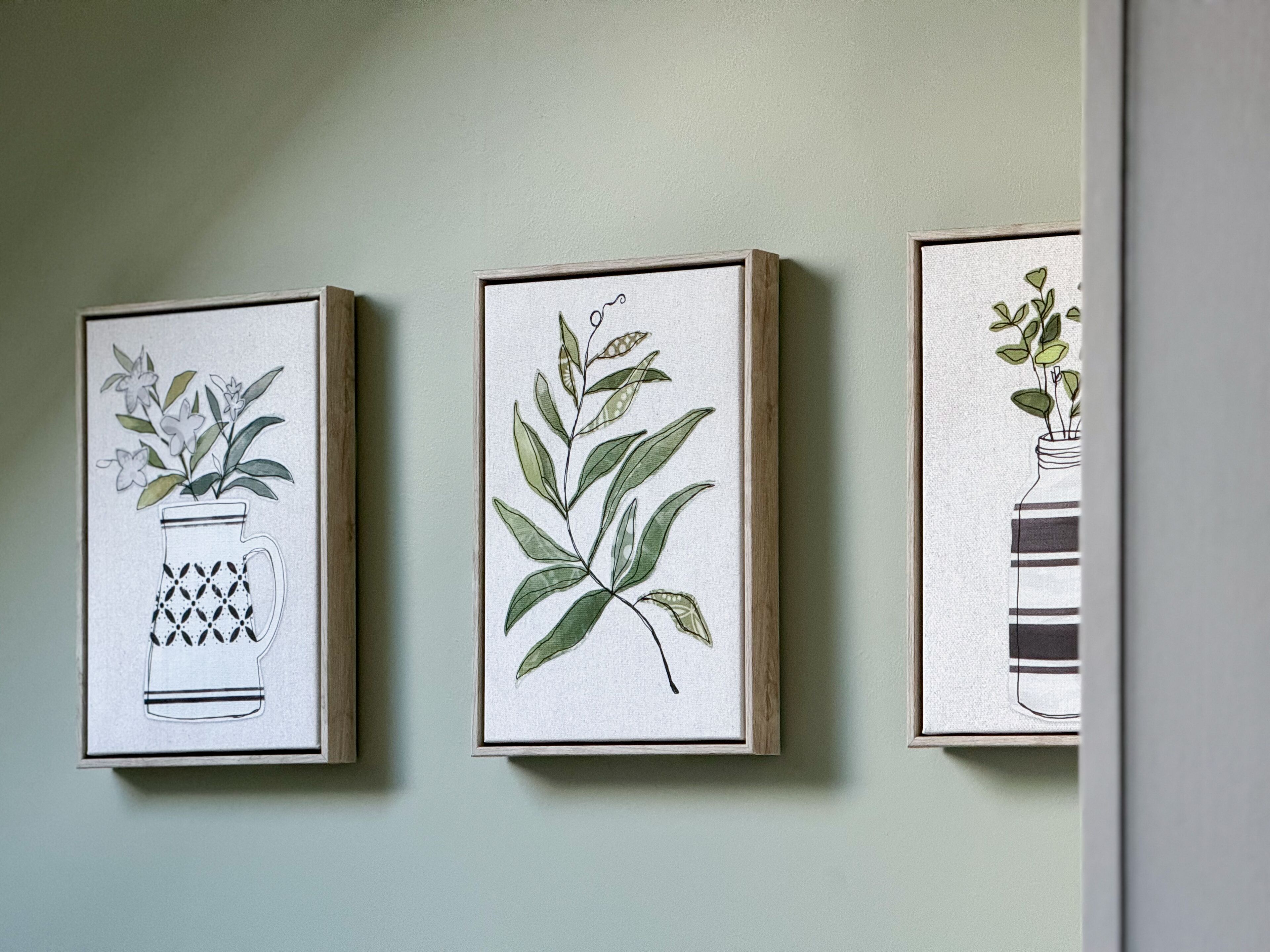 Tres ilustraciones botánicas enmarcadas sobre una pared.