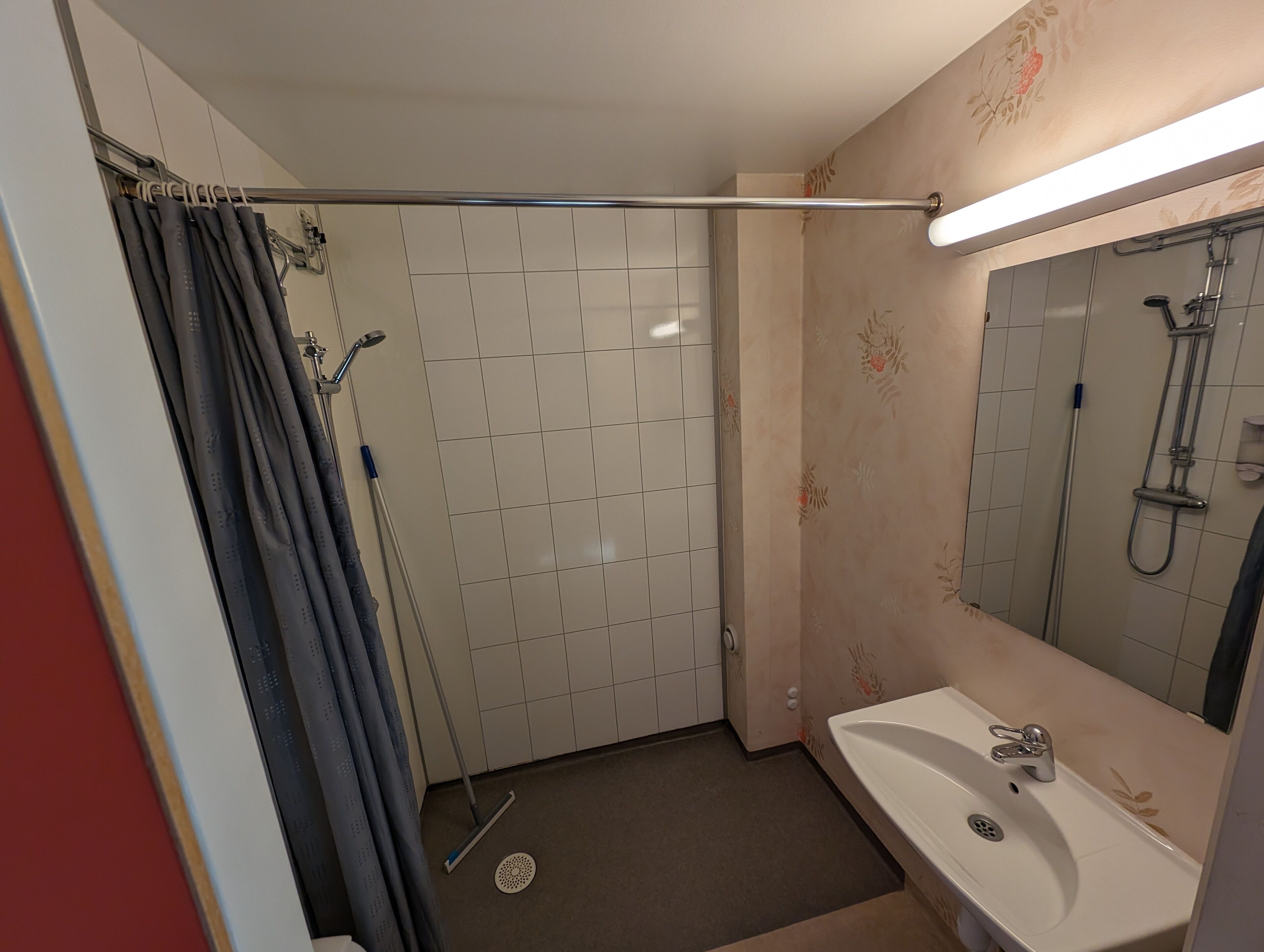 A bathroom with a shower, a sink, and a mirror.
