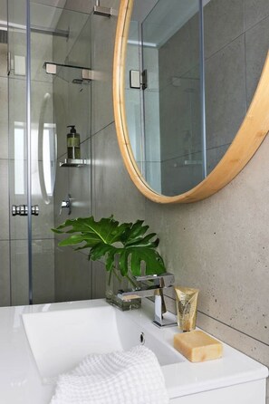 A modern bathroom with a glass shower enclosure, a white sink, a wooden-framed mirror, and a potted plant. - Modern Clifton Apartment - Number 5101 (Cape Town)