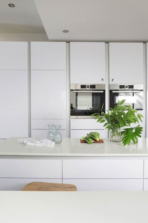 Een moderne keuken met witte kasten, een centraal eiland en een potplant.