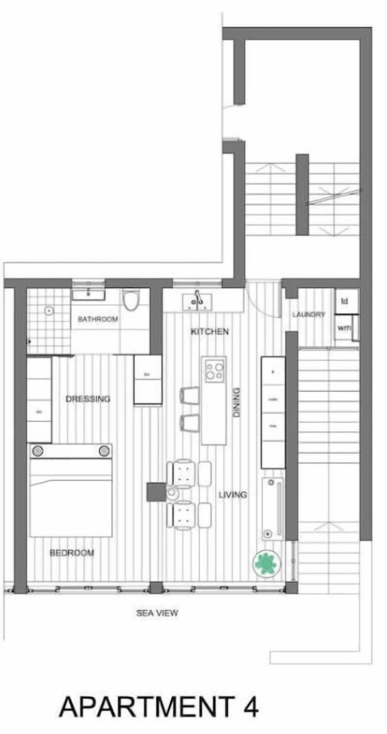 Plano de piso de un apartamento con vista al mar, que incluye sala de estar, comedor, cocina, baño y dormitorio.