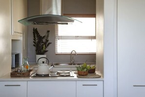 A kitchen with a window, a kettle, a sink, and a plant on the counter.