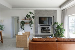 Ein modernes Wohnzimmer mit Flachbildfernseher, Rattanmöbeln und Topfpflanzen.
