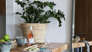 Eine moderne Küche mit Holztischplatte, einer Topfpflanze, einer Olivenölflasche, einer Obstschale und einem Steingemisch.