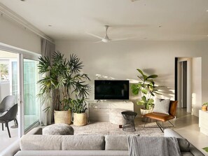 A modern living room with a sofa, a television, and potted plants. - Contemporary Clifton Apartment - Number 5104 (Cape Town)
