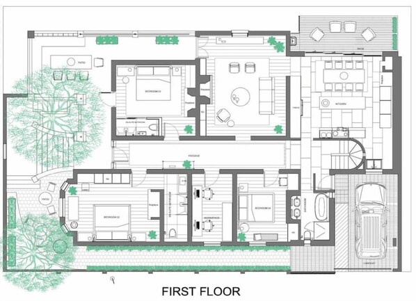 A first-floor floor plan with a kitchen, dining area, two bedrooms, a bathroom, and a balcony.