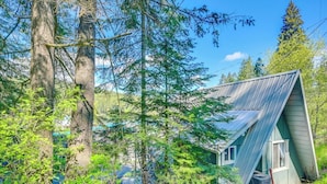 A cabin with a sloped roof, surrounded by dense forest and tall trees.