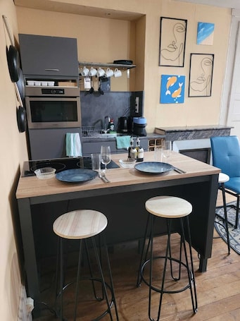 Fridge, microwave, oven, stovetop. Modern Apartment in an Authentic old French Building, in Bourganeuf Center