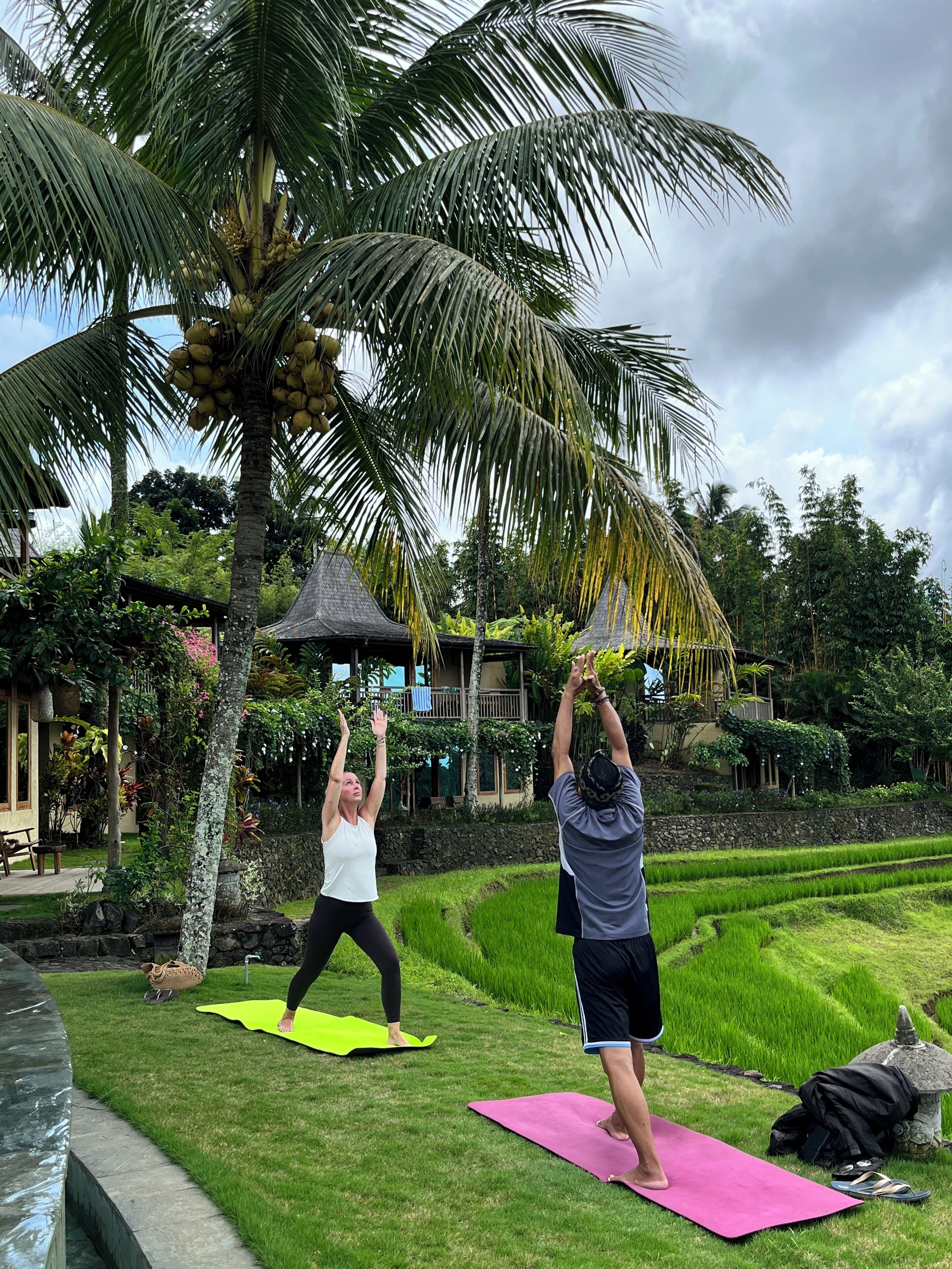 Two people practicing yoga outdoors with a lush garden and a house in the background.