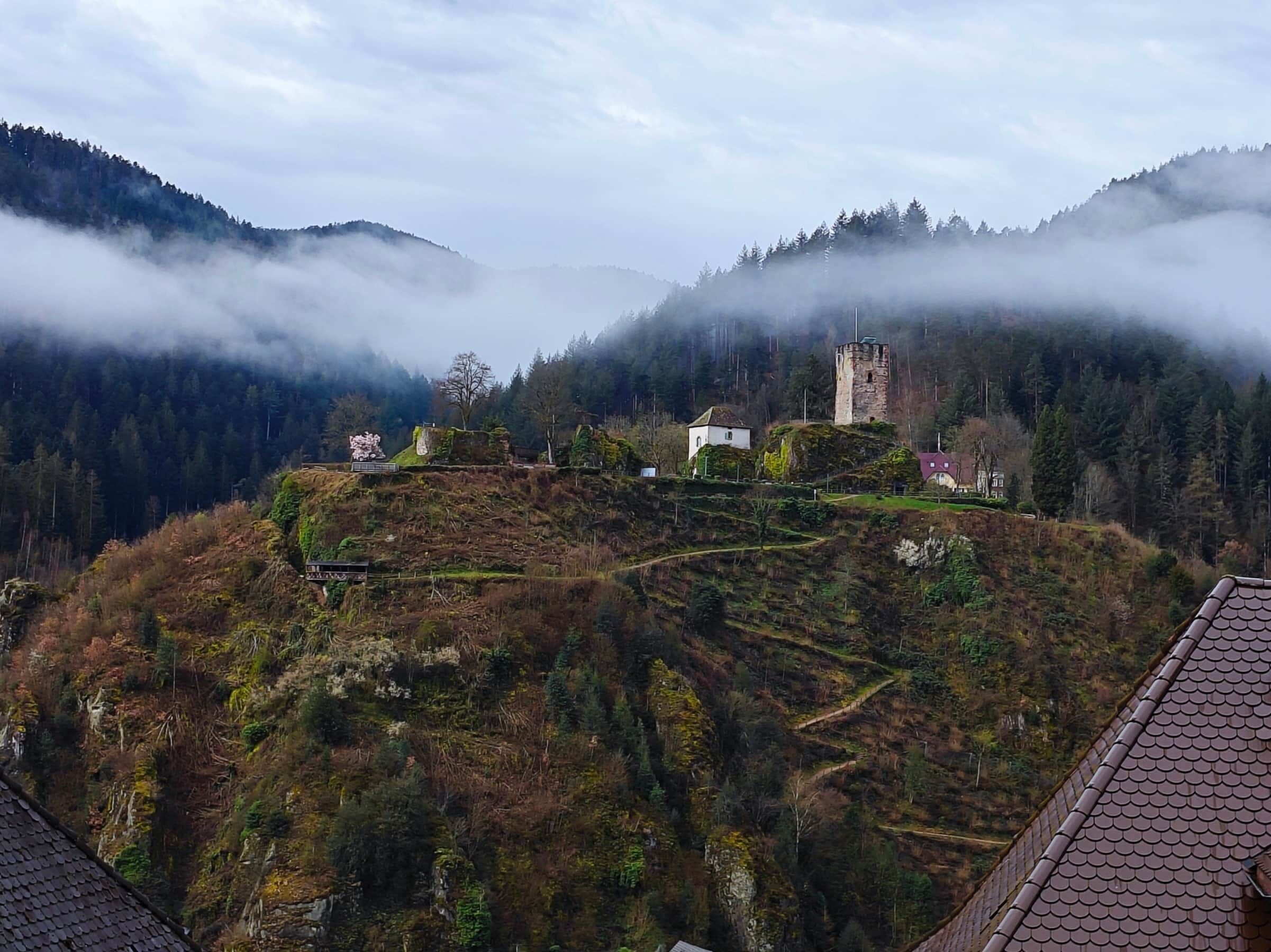 A mountainous landscape with a castle-like structure surrounded by dense forests and mist.