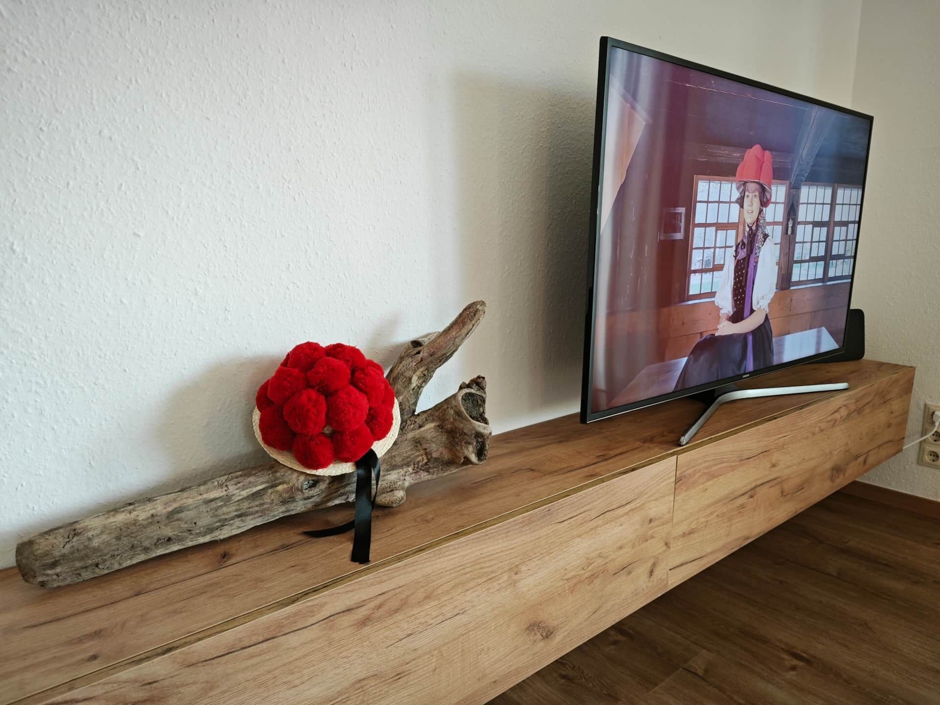 Un televisor sobre un atril de madera frente a una pared blanca.