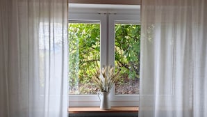 A window with sheer curtains, a radiator below, and a potted plant on the windowsill. - Schwarzwaldraum Schlossblick (Hornberg)