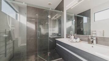 Shower, hair dryer, shampoo
