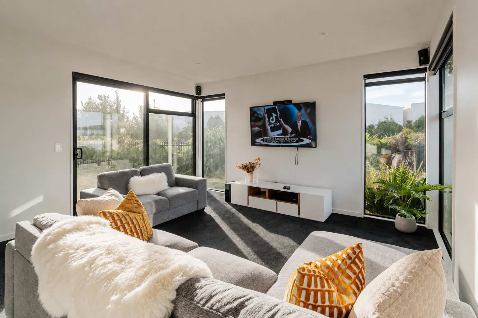 Ein modernes Wohnzimmer mit grauem Sofa, weißen und gemusterten Kissen, einem Flachbildfernseher, einem weißen Lowboard und einem großen Fenster mit Blick ins Grüne.