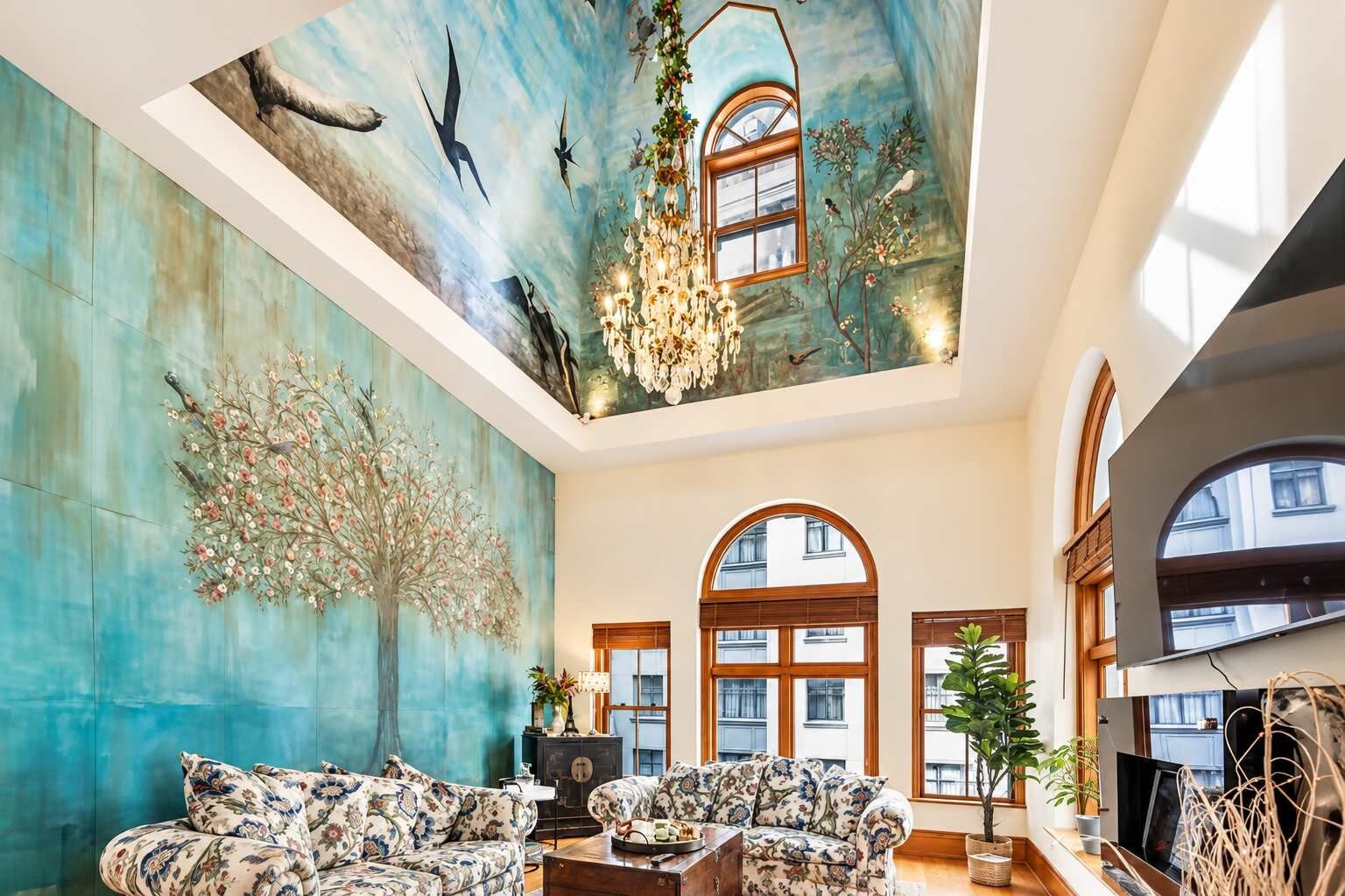 A spacious living room with a high ceiling, a large tree mural, and a chandelier.
