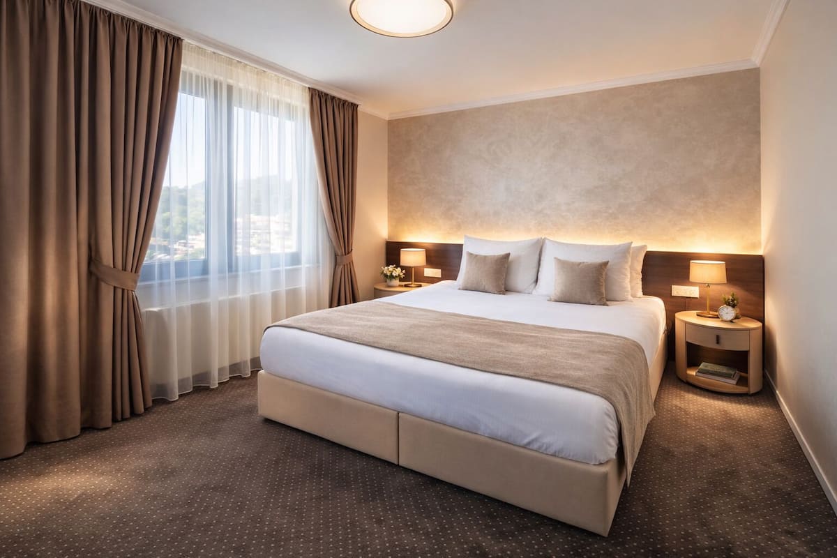 Ein Hotelzimmer mit einem großen Bett, zwei Nachttischen mit Lampen, Blick durch leichte Vorhänge und einem Teppichboden.