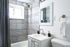 Hair dryer, towels, soap, shampoo