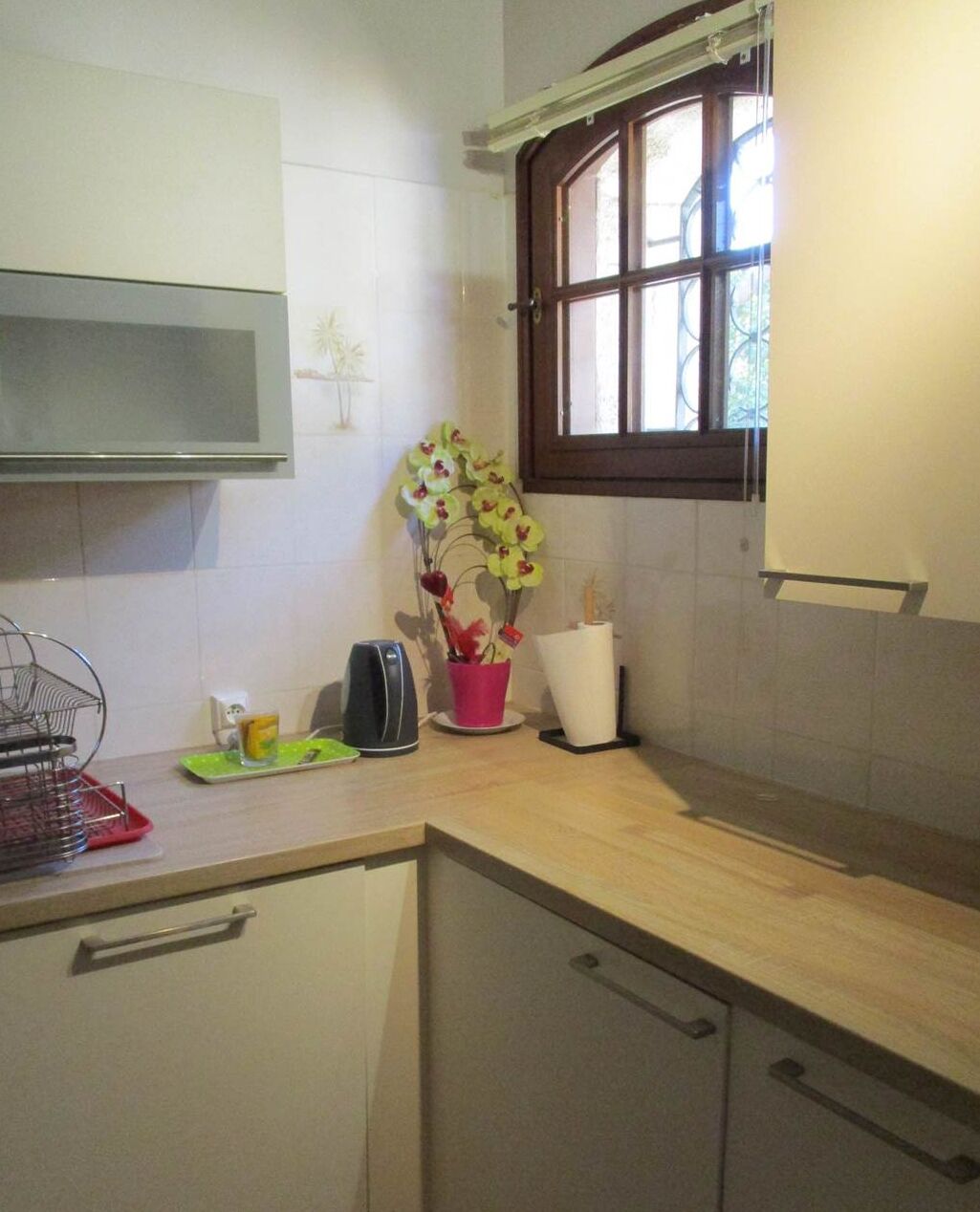A kitchen with a window, a toaster, a kettle, and a potted plant.
