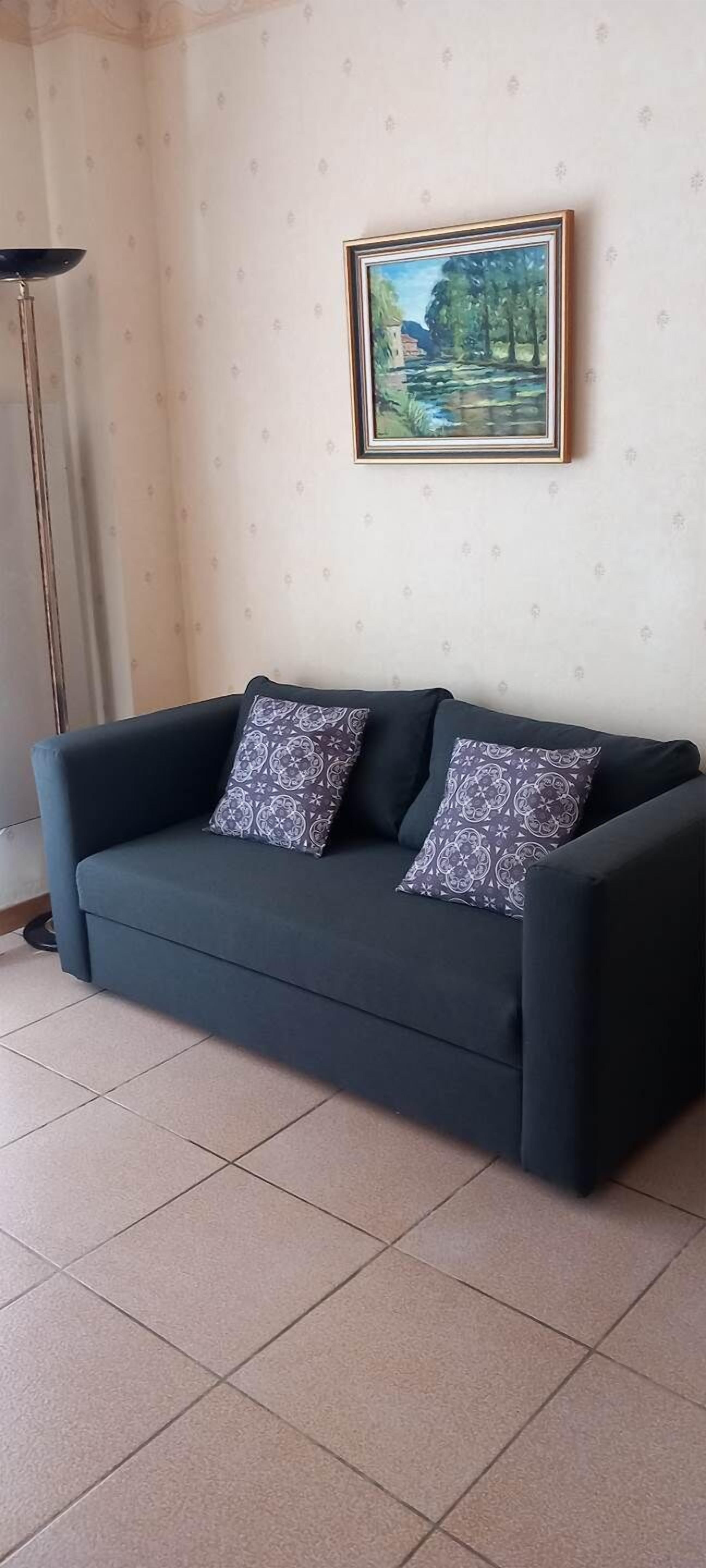 A dark-colored sofa with patterned cushions, a framed landscape painting on the wall, and a floor lamp to the left.