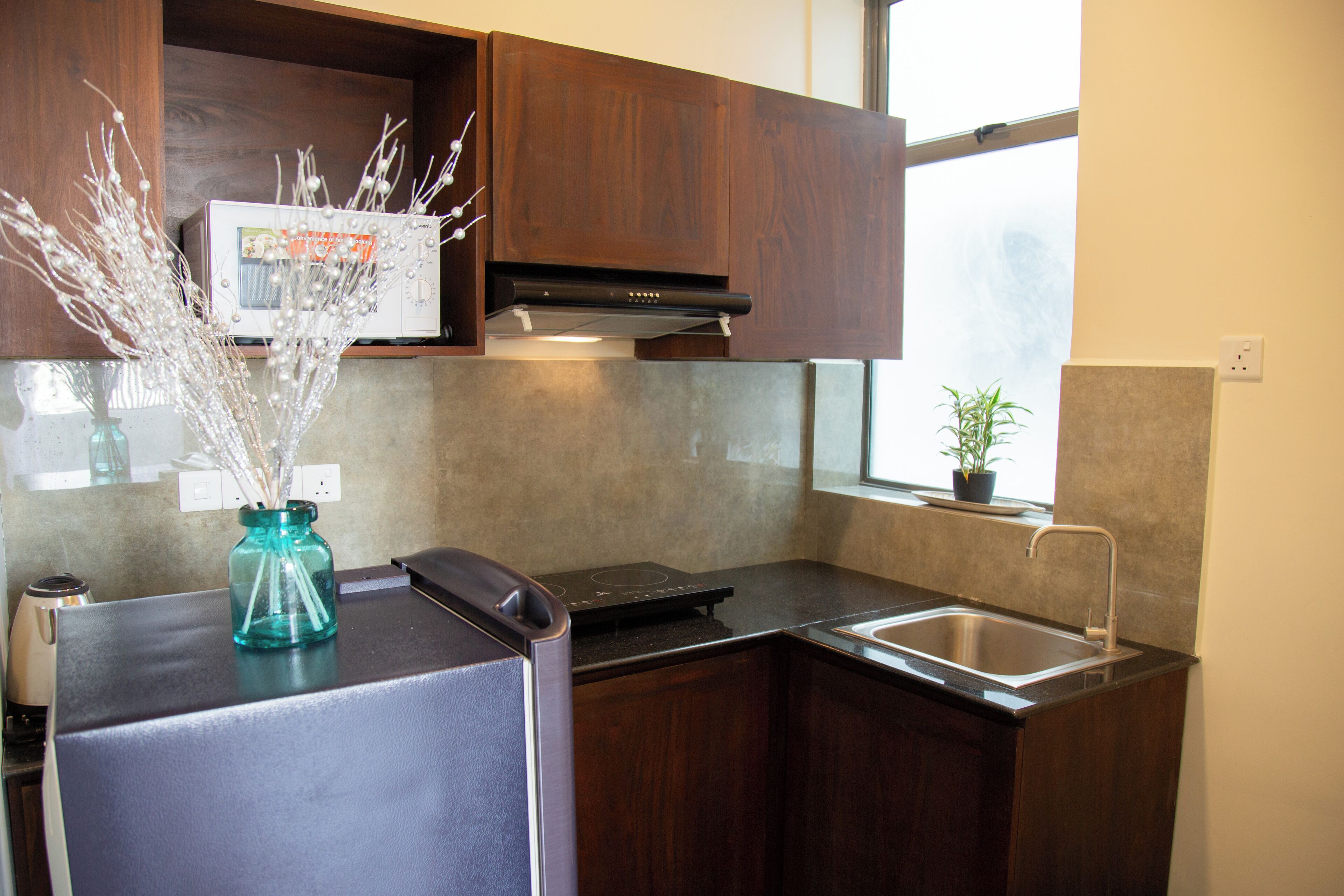 A compact kitchen with dark wooden cabinets, a built-in microwave, and a window with a potted plant.