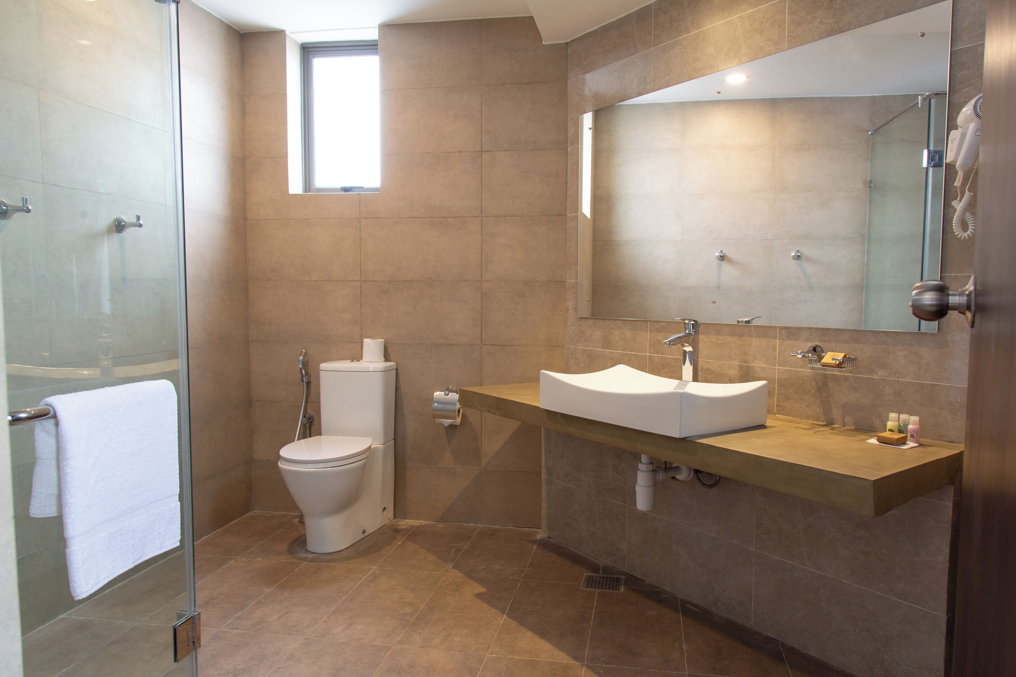 A modern bathroom with a glass shower enclosure, a toilet, and a sink with a mirror above it.