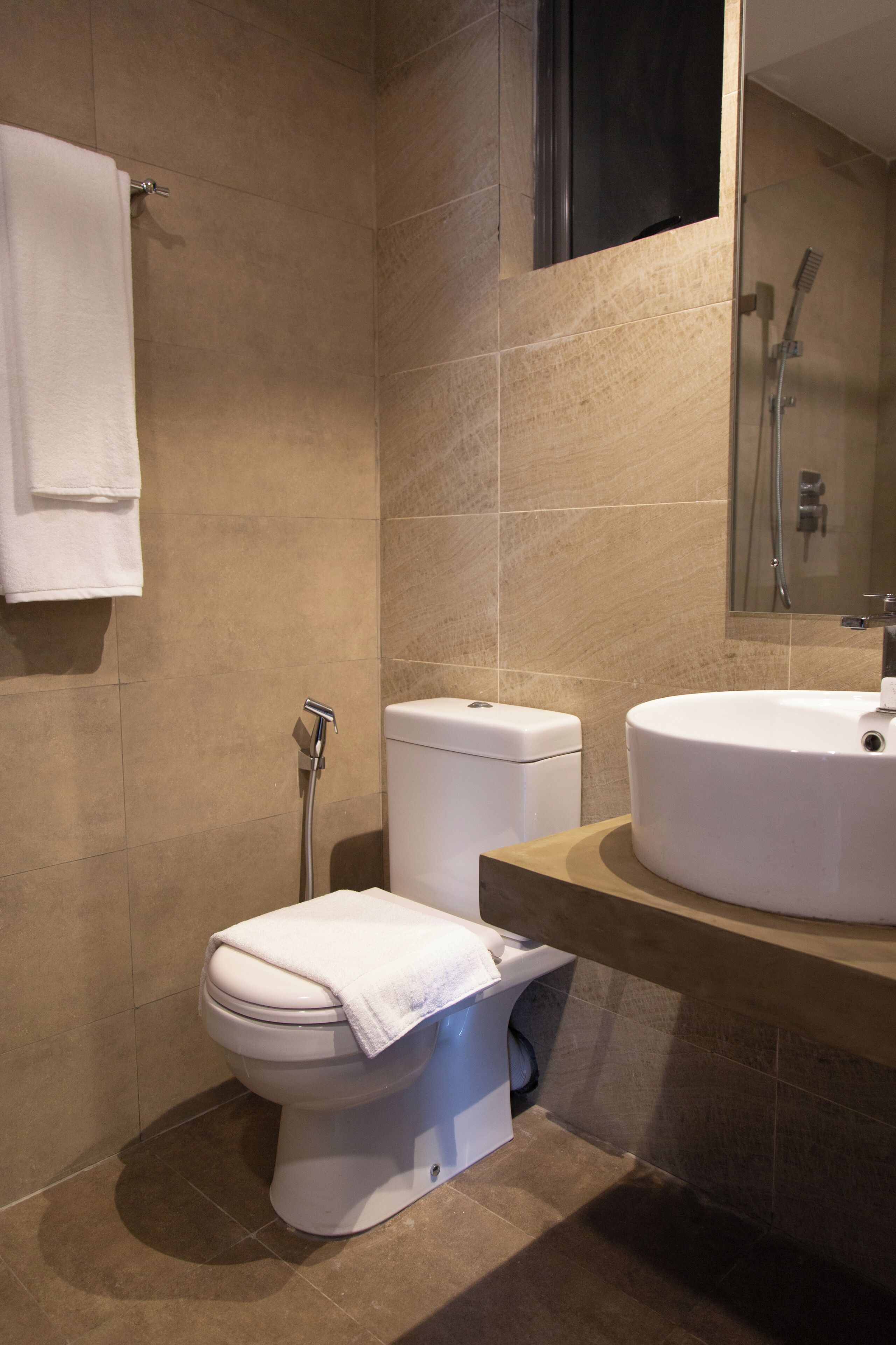 Un baño con inodoro, lavamanos y ducha.