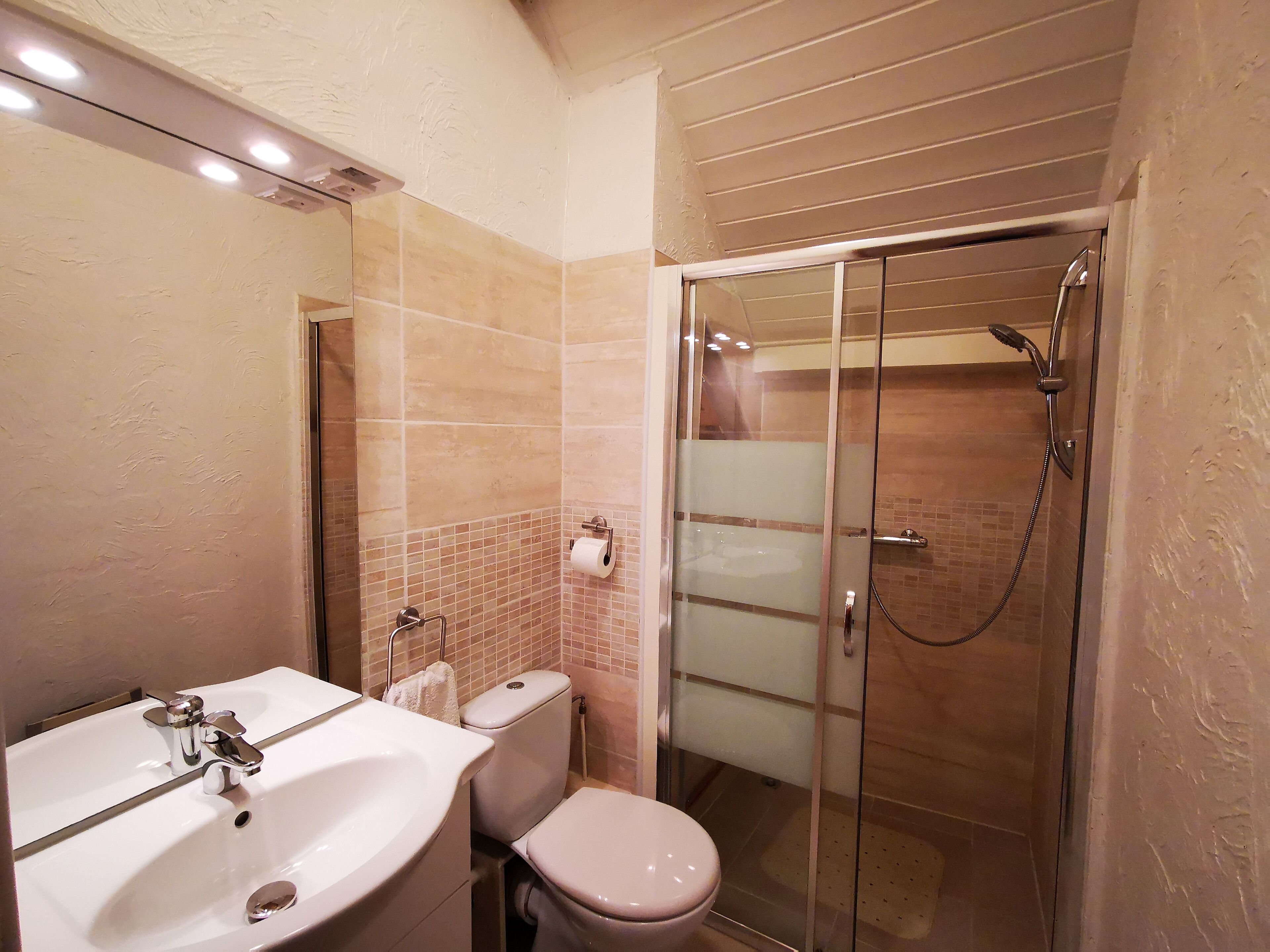 Une salle de bain avec un lavabo blanc, des toilettes et une douche à parois de verre.