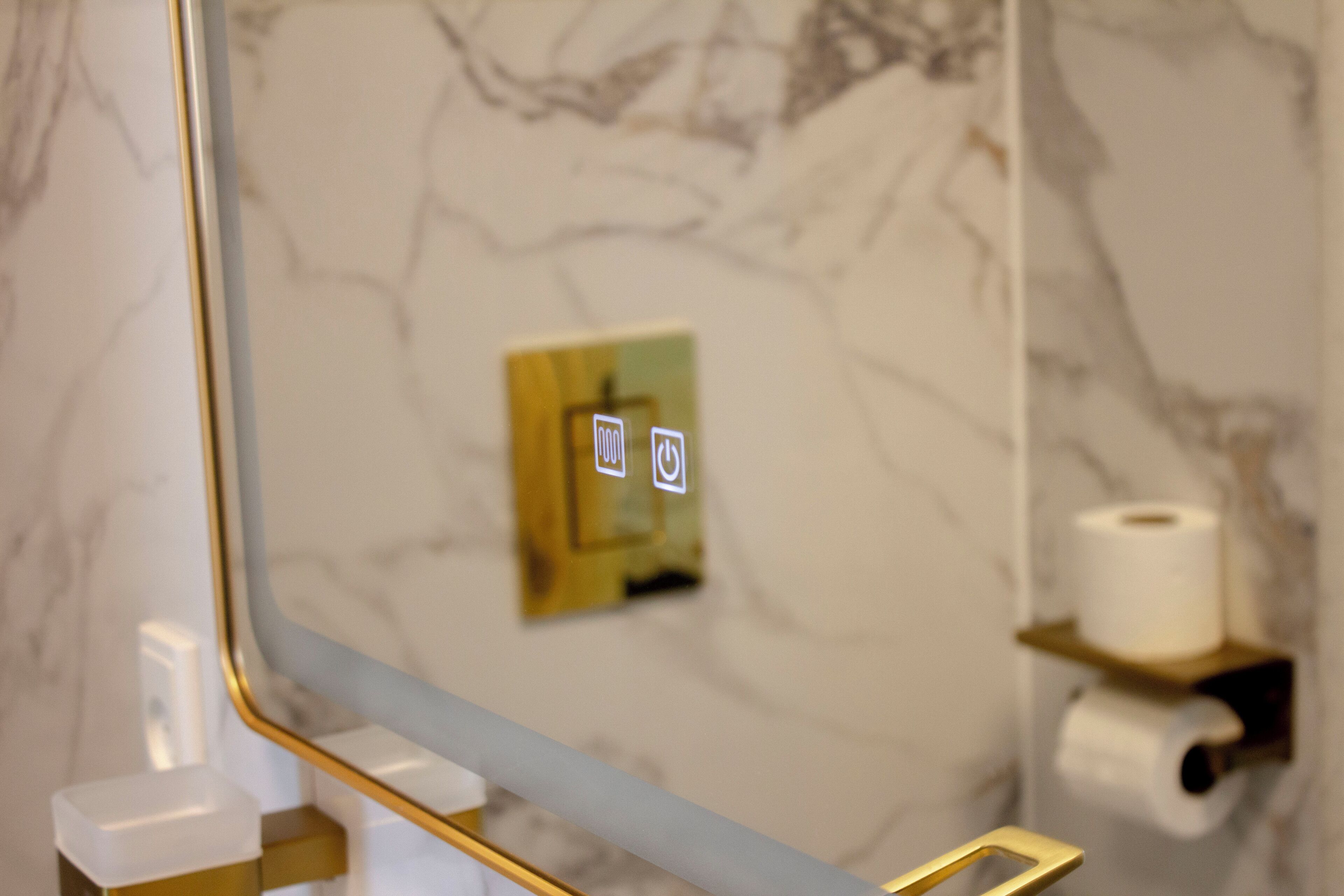 Un baño con paredes de mármol, un espejo, un dispensador de papel higiénico y un botón para la descarga.